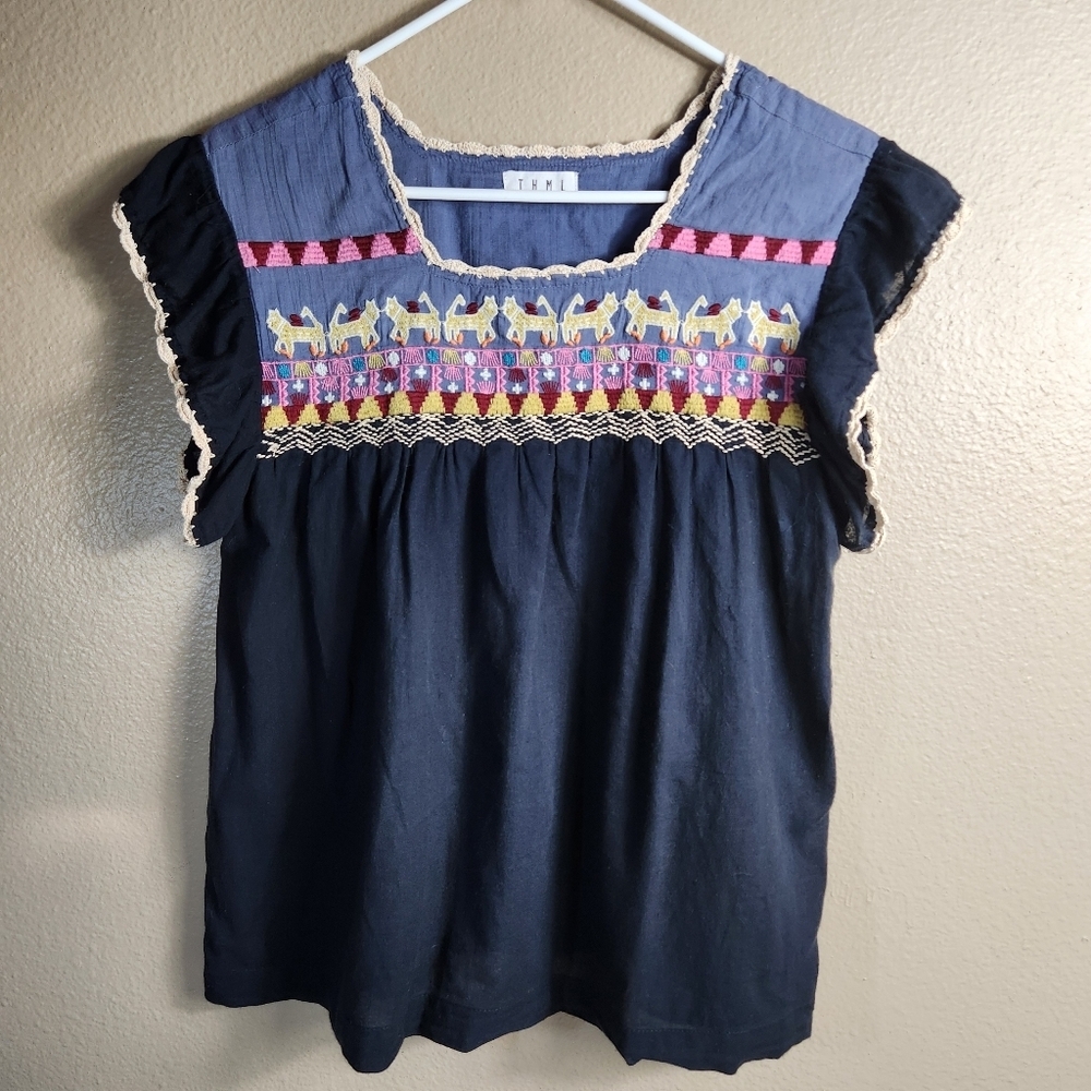 THML Womens |S| Navy Embroidered/Crochet Flutter Sleeve Blouse